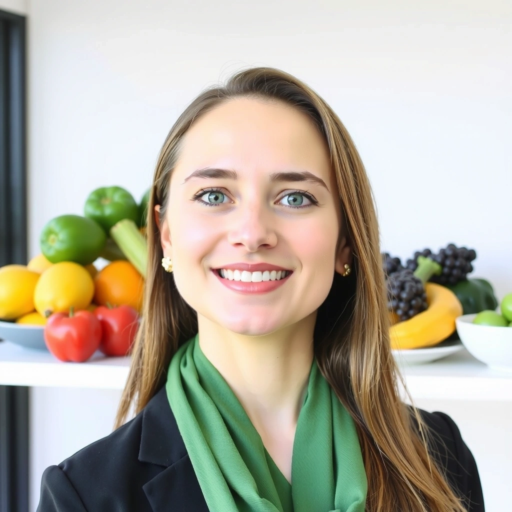 Portrait of a smiling female nutritionist with a warm, inviting expression, professional attire.