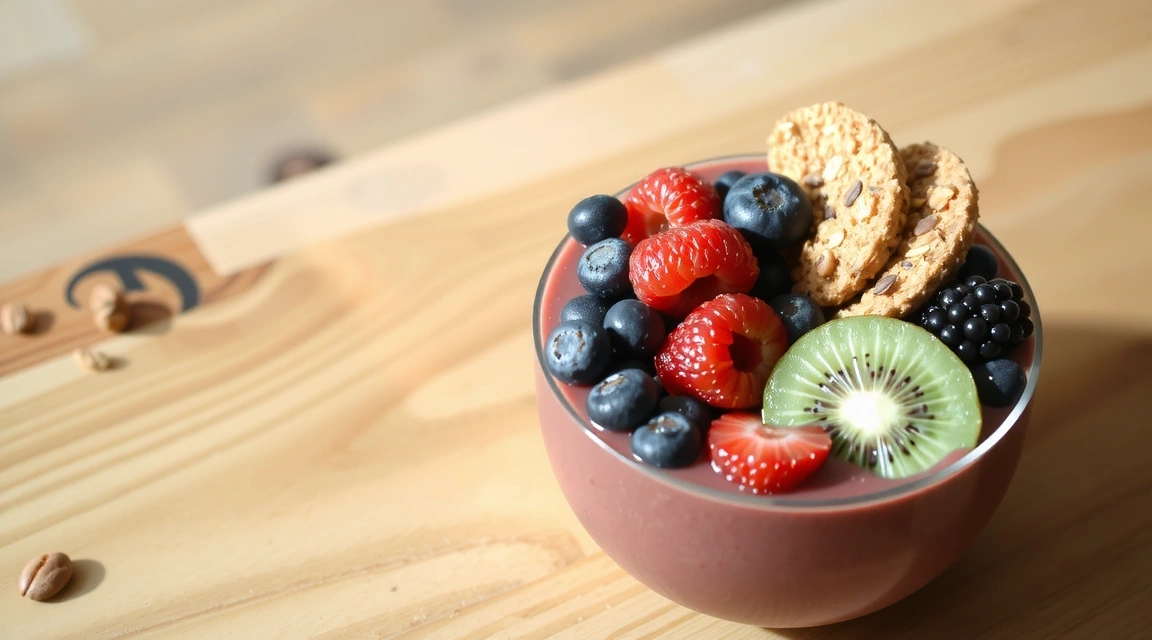 A vibrant smoothie bowl topped with fresh fruits and nuts.