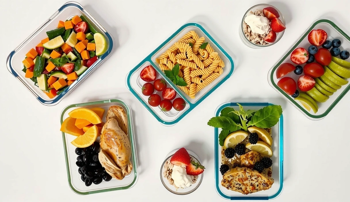 A variety of colorful meal prep dishes in glass containers, ready for the week.